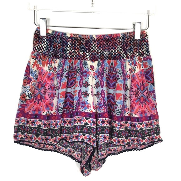 Aqua Pants - Aqua Printed Smocked Shorts Boho Paisley Pockets Casual Lounge Hot Pink Small